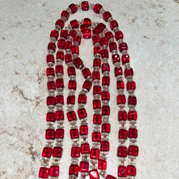 Vintage  Deco Necklace Glass Red Cube Beads Hand Tied bohemian - Picture 5 of 9